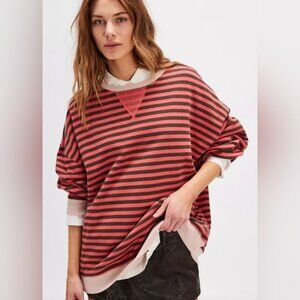 FREE PEOPLE CORAL COMBO CLASSIC STRIPED OVERSIZED CREWNECK SWEATSHIRT, XL NWT